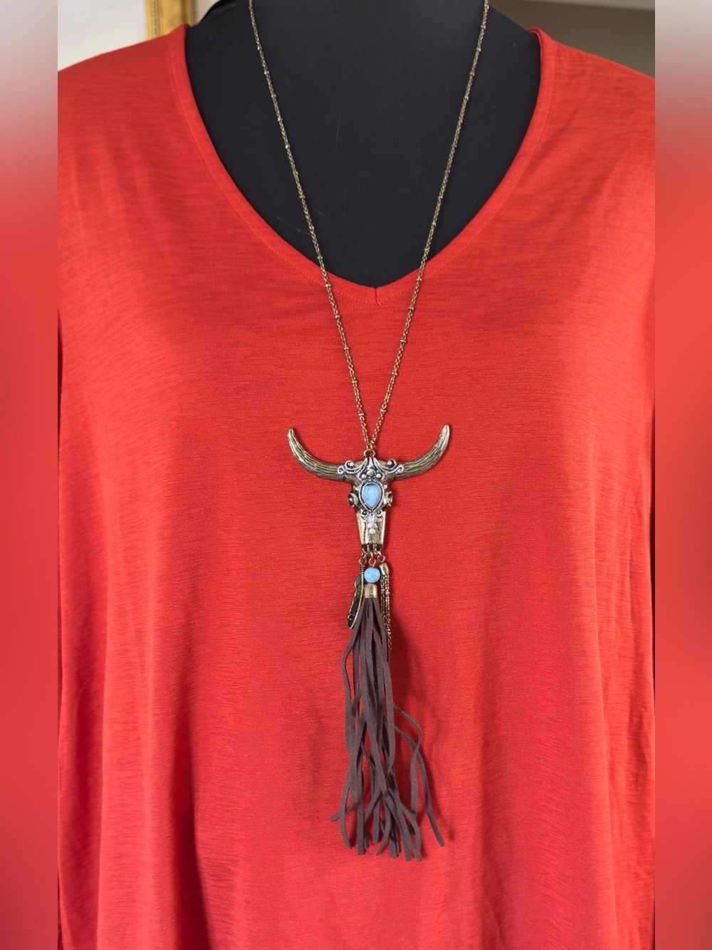22” Shyanne Brown Tassel Bull Skull Necklace with Turquoise Accents